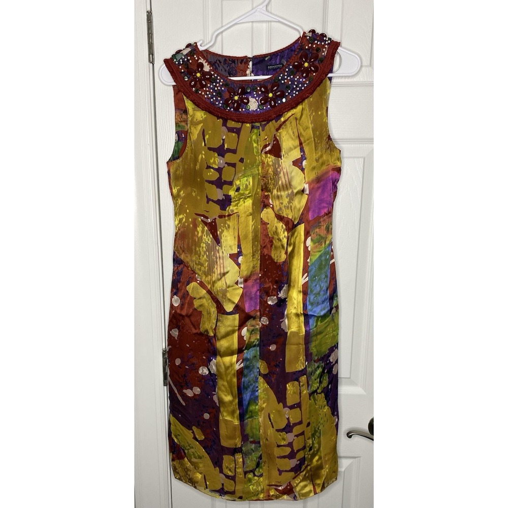 Magaschoni Women's Collection Silk Blend Abstract Beaded‎ Neck Sheath Dress Sz 6